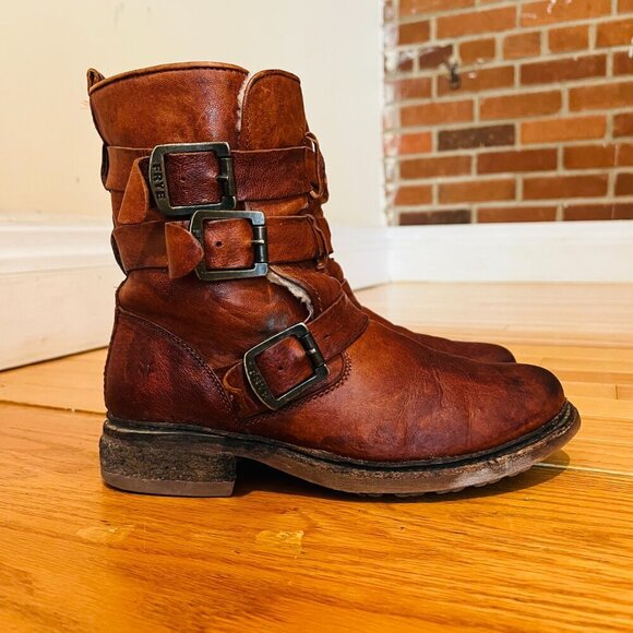 Frye Valerie Strappy Shearling Leather Boots in Cognac Size 7 - Picture 5 of 16